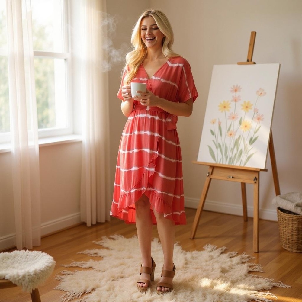 Coral Tie-Dye Wrap Dress with Lining and Waist Tie